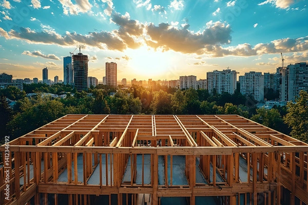 Fototapeta Construction site at sunset with wooden framework, city skyline, and vibrant clouds in the background