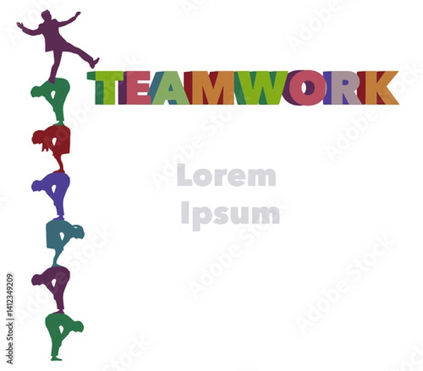 Fototapeta Workers team up to get their man to the top in a vector illustration about teamwork in business. The design forms a partial frame for headlines or other text or art for a layout.
