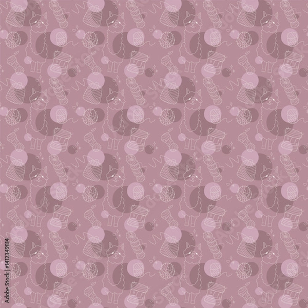 Fototapeta Seamless pattern with cute alpaca and skeins of yarn color. Illustration for your projects.