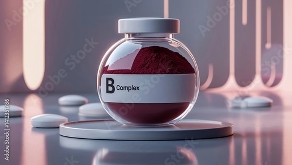 Fototapeta Bottle With B Vitamin Complex. Dietary Supplement, Vitamins and Tablets. B Vitamin Powder. Health Care. Healthy Lifestyle. B Vitamin Deficiency. Daily Vitamin Intake.