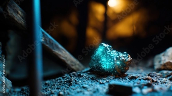Fototapeta Glowing mineral in dark mine shaft with tools
