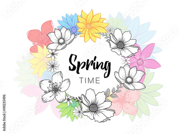 Fototapeta Design banner with spring time wording and hand drawn colorful flowers