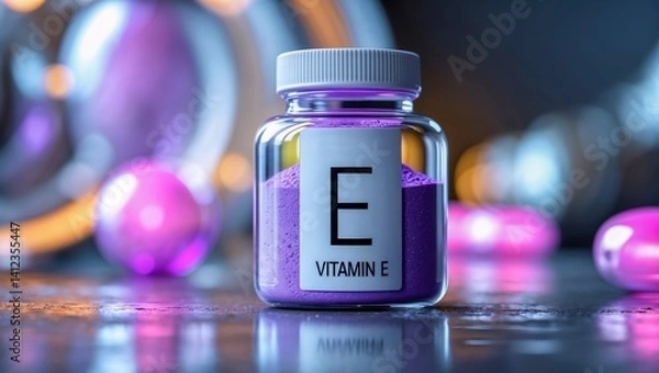 Fototapeta Vitamin E Powder. Antioxidant. Immune Function, Well-Being. Dietary Supplement. E Vitamins and Tablets. Health Care. Healthy Lifestyle. Vitamin E Deficiency.