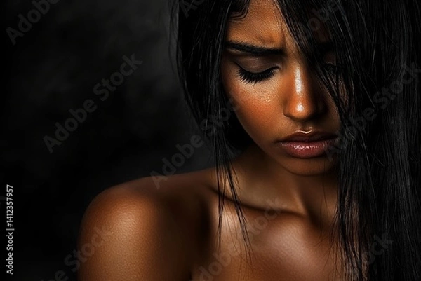 Obraz A teenage girl exhibiting a face of fear, overcome with sadness, stress, and pain as she struggles with depression