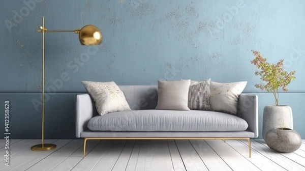 Fototapeta Stylish living room with a light gray sofa, gold floor lamp, and a small plant.