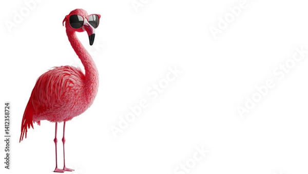 Fototapeta Png of A vibrant pink flamingo wearing sunglasses strikes a playful pose against a plain background.