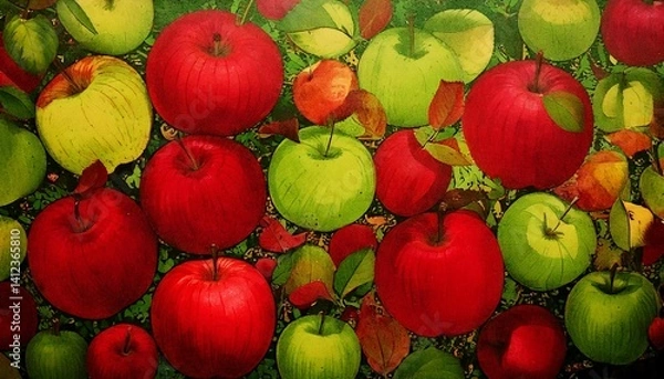Fototapeta Illustrate stylized apple silhouettes in varying sizes and shades of red and green, layered over a textured background resembling orchard foliage.