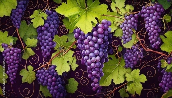 Fototapeta  Design a pattern with clusters of grapes connected by angular vines, using a palette of purp 