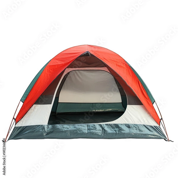 Obraz A colorful camping tent with red top and green sides isolated on a black background