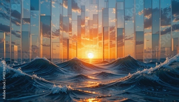 Fototapeta Dynamic ocean waves at sunset abstract digital art serene coastal environment artistic perspective contemporary visualization