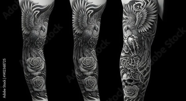 Fototapeta Intricate black and gray tattoo design featuring an eagle, roses, and a skull on an arm showcasing artistry and detailed shading Generative AI