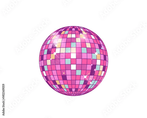 Fototapeta Pink disco ball hanging with confetti, celebrating a party or festive event.