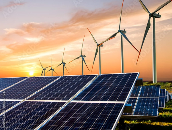 Fototapeta Windmill turbines generating green energy electric.Solar panels park and wind turbines at sunset.Green energy reduce carbon emissions and makes earth cleaner and more ecological.