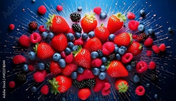 Obraz Compose a dynamic scene with various berries—strawberries, blueberries, raspberries—exploding outward in a radial pattern against a contrasting background.