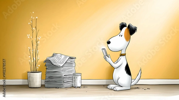 Obraz Cartoon dog using phone near newspaper stack
