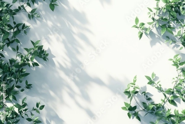 Fototapeta Fresh greenery casts soft shadows on a blank white backdrop