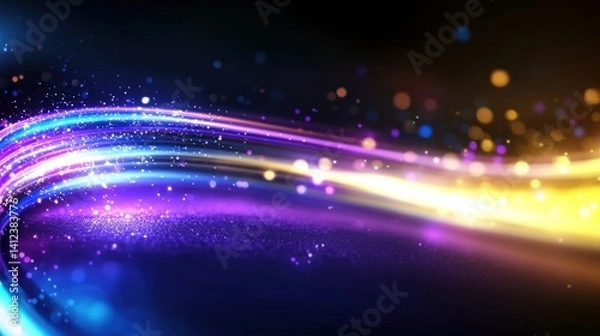 Fototapeta Abstract swirling light trails on dark background with glittering particles