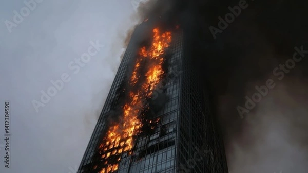 Fototapeta Skyscraper engulfed in flames and thick black smoke against a gray sky