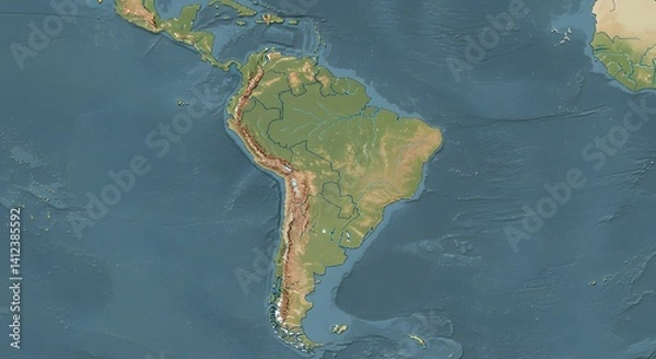 Fototapeta South America displayed with detailed topography showcasing mountains, rivers, and diverse landscapes across the continent Generative AI