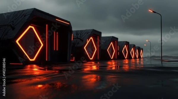 Fototapeta Futuristic gated structures illuminated by orange lights on a wet road at night under stormy skies