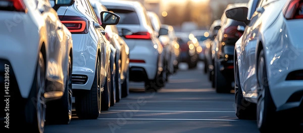 Fototapeta A Row of Automobiles: A captivating photograph showcases a line of sleek, modern automobiles, emphasizing their design, with an inviting view that entices the viewer. 