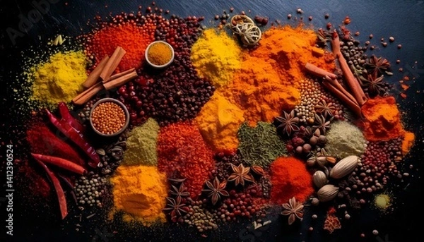 Fototapeta Close-up of various spices scattered artistically on a dark textured surface, forming an abstract mosaic