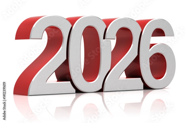 Fototapeta 2026 in 3D numbers on reflective surface
