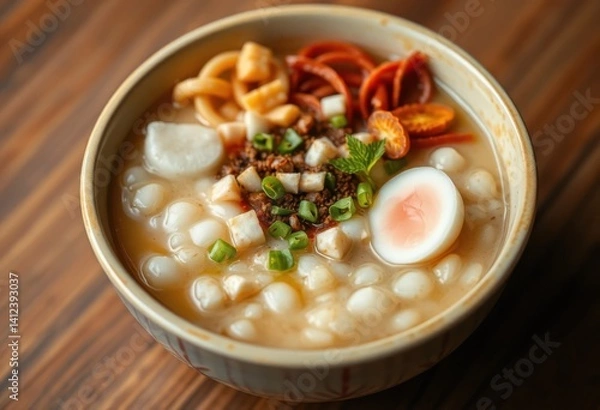 Fototapeta Delicious Asian style soup with dumplings egg and savory toppings served in a bowl