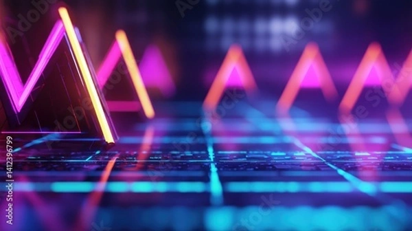 Obraz Neon triangle graphs on futuristic grid floor with city lights background. Possible use Technology, innovation, data visualization