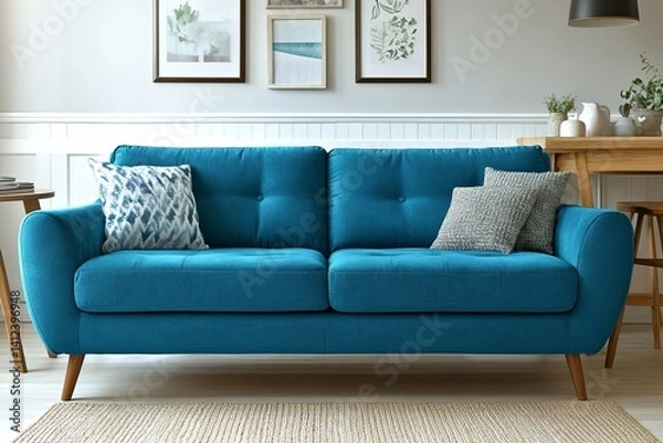 Fototapeta Un salón con cocina de color azul, muy luminoso, que cuenta con una gran venta, una mesa de madera en el centro y un sofá decorado con cojines, representado en una ilustración generada por