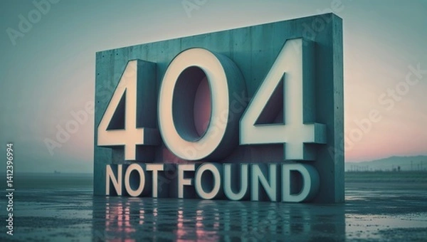 Obraz A striking large sign displaying '404 Not Found' stands in a tranquil outdoor setting during sunset. The calming colors of the sky enhance the theme of digital disconnection in a serene atmosphere