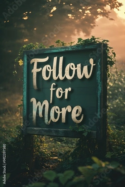 Obraz A rustic sign reads Follow for More, surrounded by lush greenery and soft, glowing light. The enchanting atmosphere invites viewers to explore and engage more online