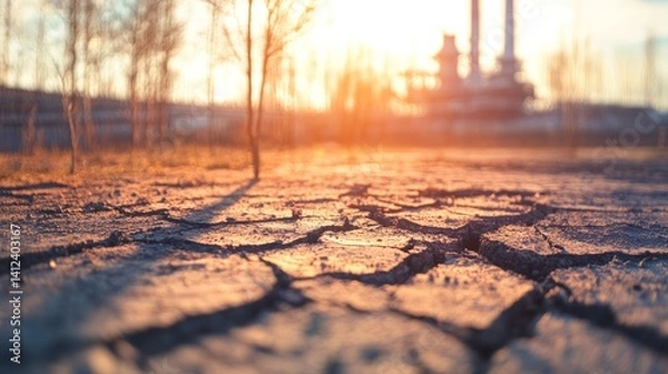 Obraz Cracked earth with fading tree shadows and distant industry, symbolizing nature's decline under human influence
