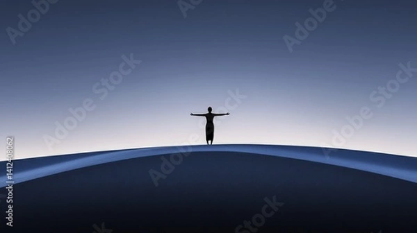 Obraz A lone silhouette stretches toward a radiant horizon, embodying solitude and boundless hope.
