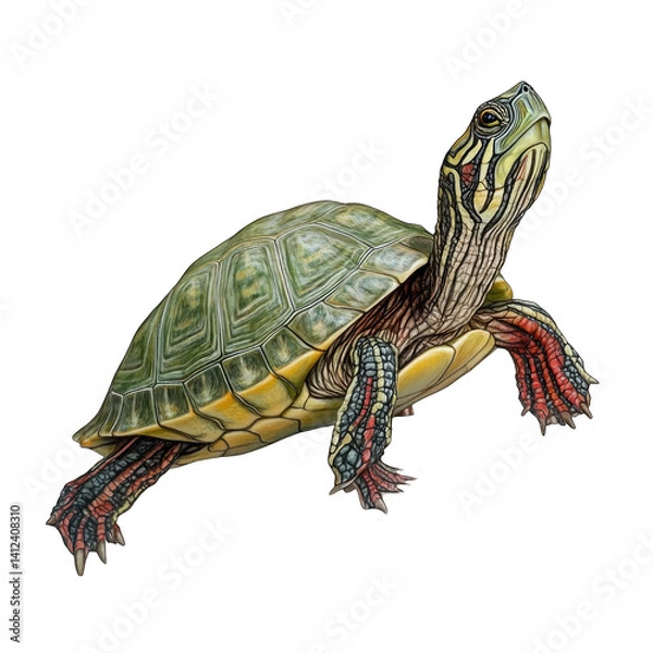 Obraz A painted turtle with a green shell and red markings on a black background image
