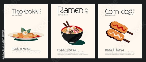 Obraz Flat style illustration of three popular Korean dishes—tteokbokki, ramen, and corn dog—each presented on a minimalist poster, ideal for food-themed design, culinary promotion, or modern restaurant dec
