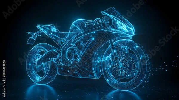Fototapeta Futuristic Motorcycle: A dynamic depiction of a modern motorcycle rendered in neon blue, emanating a sense of speed, technology, and futuristic design.