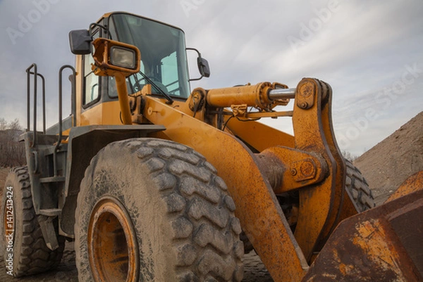 Obraz Heavy-Duty Yellow Backhoe Loader with Large Shovel at Construction Site
