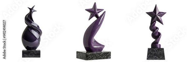 Fototapeta Png of Three elegant purple abstract sculptures on black bases, showcasing artistic swirling designs and star motifs.