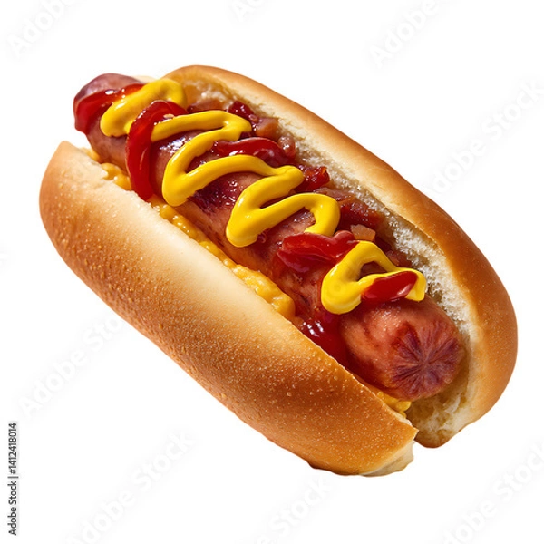 Fototapeta A hot dog with ketchup mustard and onions in a toasted bun