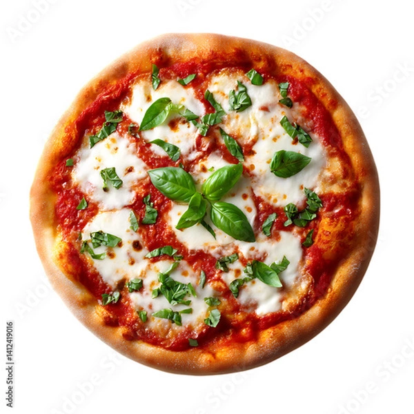 Fototapeta Overhead shot of a margherita pizza with basil on a black background