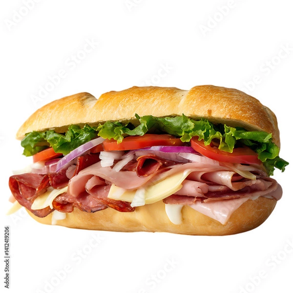 Fototapeta Close up of a fully loaded submarine sandwich on a black background