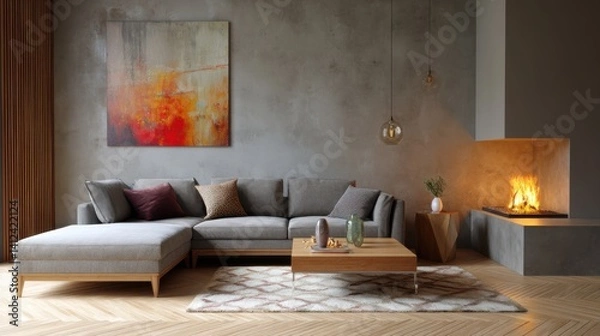 Fototapeta Cozy living room with sectional sofa, fireplace, and abstract art. Warm lighting and neutral tones create a serene atmosphere.