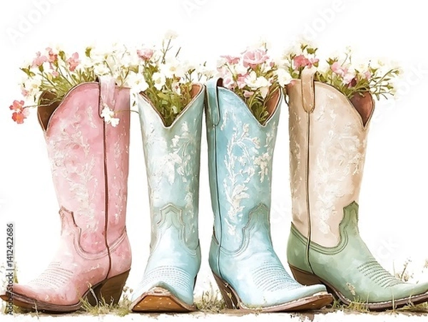 Fototapeta Pastel cowboy boots with flowers.