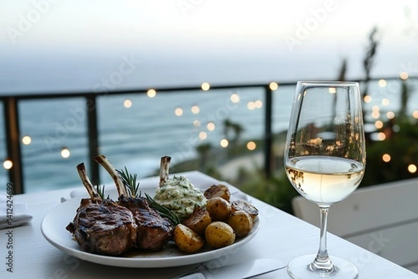 Obraz 夕暮れの海辺のテラスでラムチョップと白ワインを楽しむディナー | Sunset Dinner with Lamb Chops and White Wine on a Seaside Terrace
