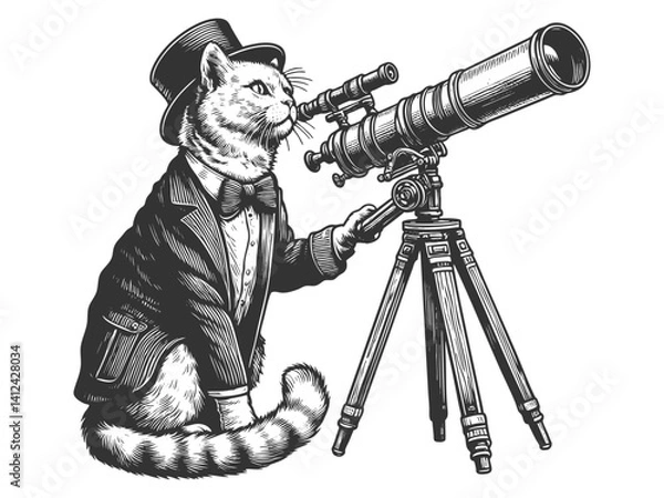 Fototapeta Explorer Cat Looking Through Telescope vector