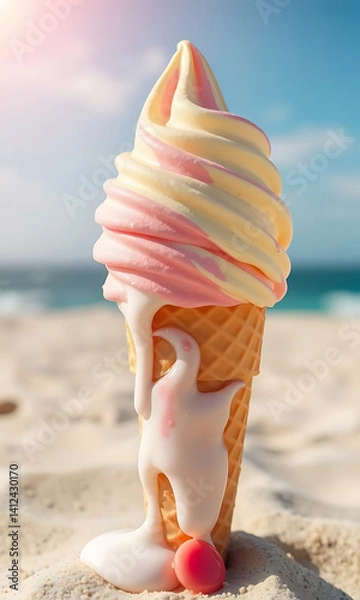 Fototapeta Swirled pastel ice cream cone melting on sun-kissed beach sand with a blurred ocean backdrop.