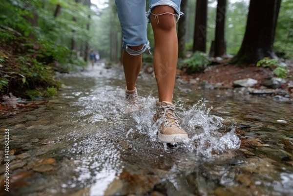 Fototapeta A person walks through a refreshing stream in torn jeans and hiking boots, epitomizing leisure, adventure, and a carefree spirit while enjoying the beauty of nature.
