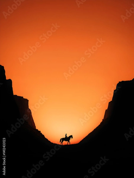 Fototapeta A quiet canyon, with the silhouette of a horse rider against a glowing sunset.


