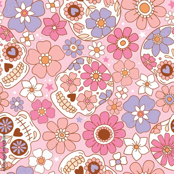 Fototapeta Seamless vector pattern with cute sugar skulls and vintage flowers. Hand drawn floral calavera background. Spooky Halloween skull drawing.  EPS 10 vector file. Perfect for textile or print design.